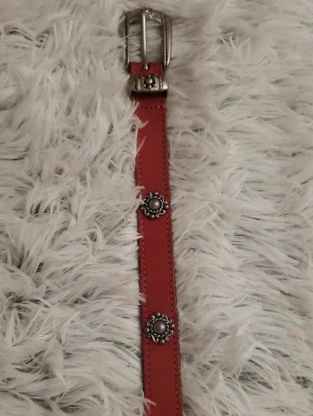 **Urban Outfitters Red Leather Belt with Silver Concho Accents**